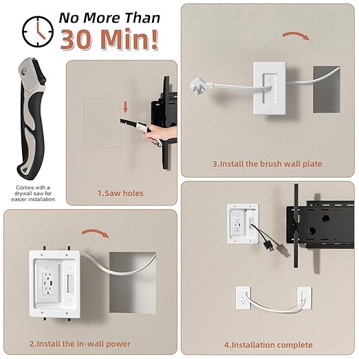 in Wall Cable Management Kit with Brush Wall Plate TV Outlet Wall Kit 2AC+USB-a/c Recessed Outlet Box 9.8ft Cord for TV Workspace Setup Living Room Home Theater Setups