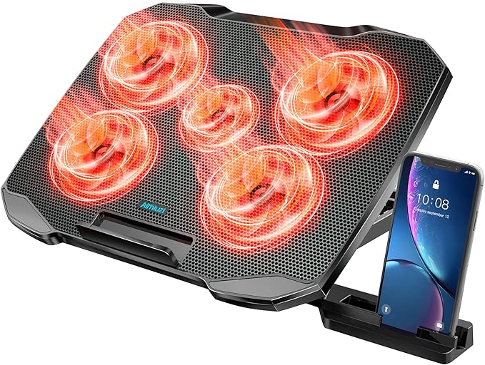 AIMIUZI Laptop Cooling Pad for Computer Laptop Cooler for 12-15.6 Inch Notebooks, Laptop Cooling Stand with 5 Quiet Fans, 5 Height Adjustable,2 USB Ports, Phone Stand