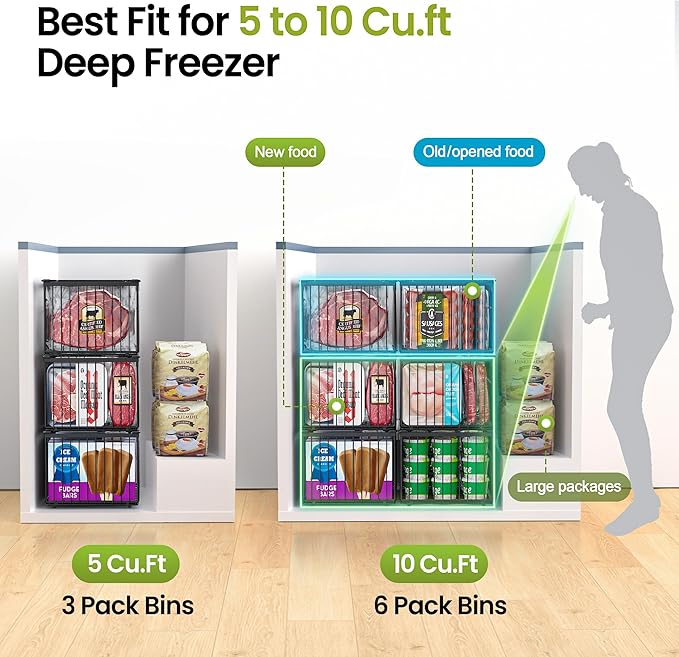 MSERCUOR Freezer Organizer Bins, 6 Pack Big Stackable Deep Chest Freezer Organizer Bins, Foldable Baskets with Handles, Black Storage Container Baskets for 5 to 9 Cu.FT Deep Freezer Sort Frozen Meats