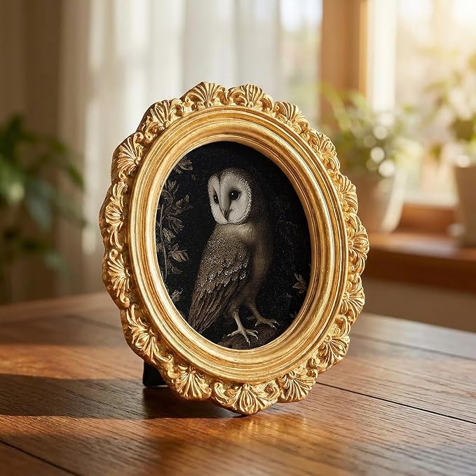 Vintage Midnight Owl Round Picture Frame Wall Decor, Black Goth Dark Gold Mini Ornate Photo Frame for TableTop Desk 2.7in Photo,Rustic Gothic Fall Framed Artwork for Walls Office Bedroom