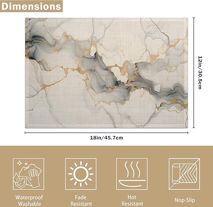Placemats Set of 6, Abstract White Marble Texture Linen Placemats 12x18 Inch, Heat Resistant Table Mats, Washable Non Slip Place Mats for Dining Table Kitchen Home