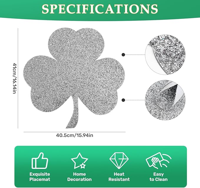Silver Placemat, Sparkle Glitter Rhinestones Table Mat Crushed Diamond Shamrock Table Placemat 16inch for St. Patrick's Day Home Kitchen Dinning Decorations