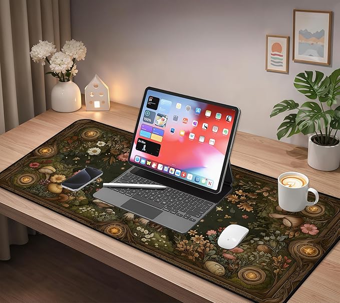 Mushroom Mouse Pad, Retro Forest Plant Flower Desk Mat,Large Gaming Mouse Mat with Stitched Edges,Non-Slip Waterproof Rubber Base Mouspad for Office Computer Keyboard Laptop Home,31.5"X15.7"
