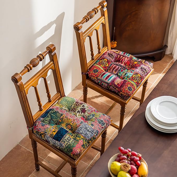 vctops Boho Paisley Chair Cushions with Ties Patchwork U-Shaped Soft Cozy Cotton Linen Chair Pads Non Slip Seat Cushions for Indoor Dining Room and Kitchen Chairs (Pink A,18"x18")