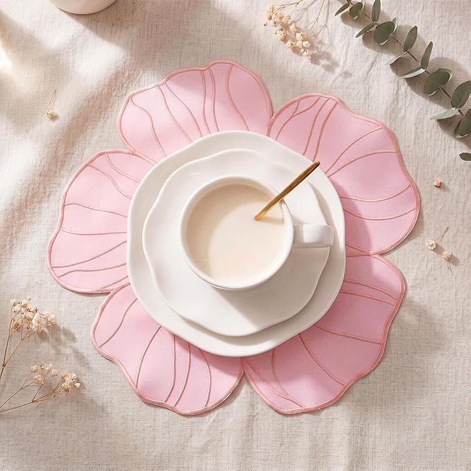 Moukeren Set of 6 Elegant Floral Placemat 16'' Flower Shaped Place Mat Flower Embroidery Table Mat for Wedding Bridal Shower Baby Shower Tea Party Kitchen Dining Table Decor(Pink)