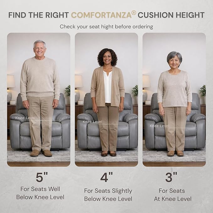 Soft 20x20x5 Memory Foam Recliner Chair Seat Cushion for Long Sitting - Armchair Pad with Washable Velvety Cover & Non-Slip Base for Seniors & Elderly - Cream