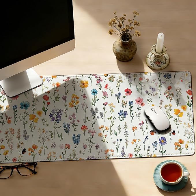 Large Gaming Mouse Pad Wild Flower Desk Mat,Non-Slip Rubber Base Stitched Edges,Extended Mousepad for PC,Laptop,Office,Home Decor(31.5 x 11.8 Inch)