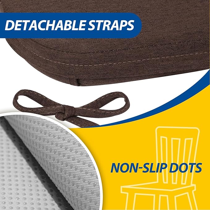 AAAAAcessories D-Shaped Chair Cushions, 2" Thick Dining Chair Pads with Ties and Removable, Machine-Washable Cover, 17" x 16", Brown