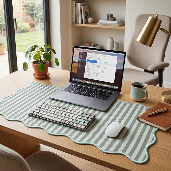 Scalloped Desk Mat Extended Large Cute Striped Mouse Pad Big Desk Pad XXL Aesthetic Stripe Mousepad Gaming Mouse Pad for Keyboard Computer Laptop Home Office Accessories 31.5X15.7Inches Sage Green