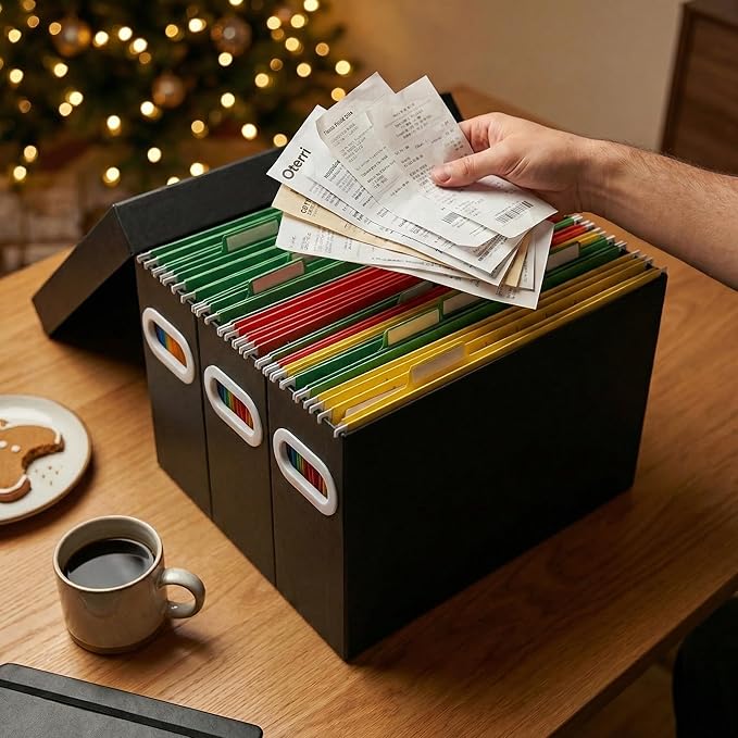 Hanging File Organizer Box, 6 Pack Black Cardboard File Folder Holder for Letter Size, Portable Desk Document Storage with Handles, for Office,Home,School