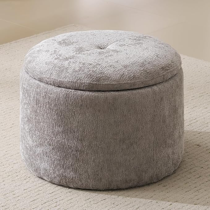Modern Round Storage Ottoman with Reversible Tray Lid ,Chenille Ottoman Foot Stools , Ottoman Footstool with Hidden Storage , Storage Ottoman for Living Room , Multi-Functional Footrest , Light Grey