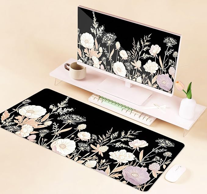 Boho Floral Large Mouse Pad, Black Aesthetic Wildflower Desk Mat, Non-Slip Extended Keyboard Pad, Retro Flower Vintage Botanical Art Mousepad for Women Home, Office, Gaming, 31.5x11.8 Inch