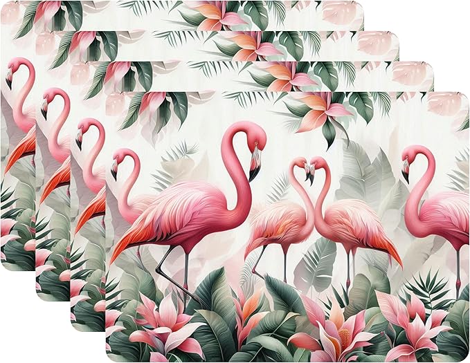 Set of 4 Cork Backed Placemat, Kitchen and Dining Table Decoration Design Hard Placemat 12" x 16" (Flamingo)