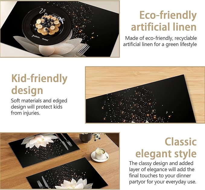 Placemats Set of 6, Lotus Flower Linen Placemats 12x18 Inch, Heat Resistant Table Mats, Washable Non Slip Place Mats for Dining Table Kitchen Home