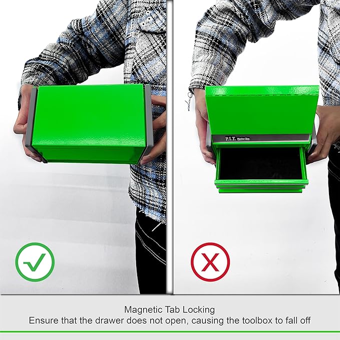 P.I.T. Mini Tool Box 8.6"W X 4.6"D, Portable 3 Drawer Steel Stackable Green Tool Box with Magnetic Tab Locking, Green Micro Top Chest with Liner for Tools Storage and Organizers, Home DIY
