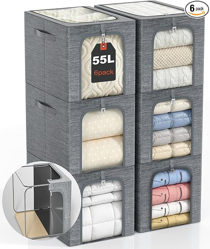 GoMaihe Blanket Storage Bins with Metal Frame, 6-Pack Large Closet Storage Bins with Lid & Clear Window, Comforter Bedding Storage Organizer for Walk-in Closet Cationic Fabric 55L