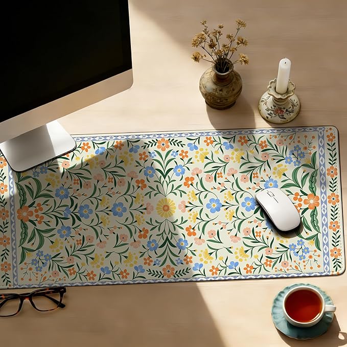 Green Floral Mouse Pad,35.4 x 15.7 Inch Large Mouse Mat Non-Slip Rubber Stitched Edges for Writing Desk,Office,Home,Laptop