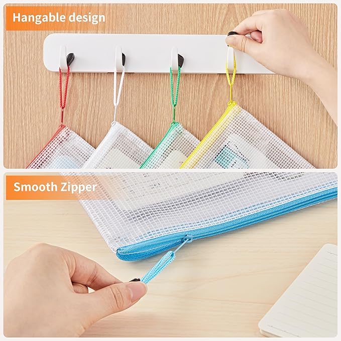 JARLINK A4 Letter Size 56 Pack 10 Colors Zipper Mesh Document Pouch, Mesh Bags for Board Games & Puzzles, Waterproof Document Zipper Pouches for Office School Supplies, Toys, Cosmetics Travel Storage