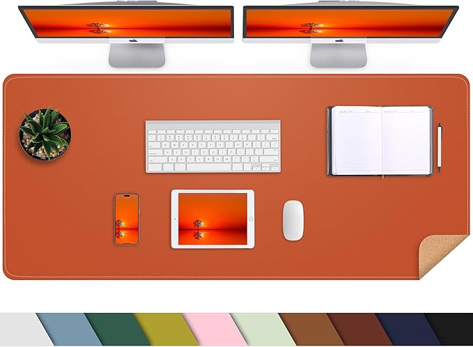 AFIING Cork Desk Mat 47" x 17", Dual-Sided Natural Cork & PU Leather Desk Pad, Non-Slip Waterproof Large Mouse Pad for Office, Home & Gaming (Orange)