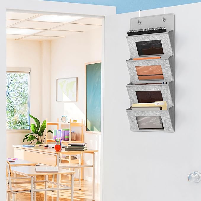 Simple Houseware Over the Door Hanging Wall File Organizer, 4 Clear Window Pocket File Holder with 13" Width for Office Supplies Storage, Grey