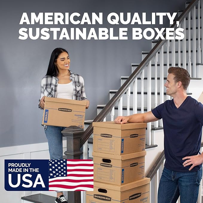 Bankers Box Small Classic Moving Box 10 Pack, Reinforced Handles, Tape-Free Assembly, Box with Lid, 15" x 12" x 10", Cardboard