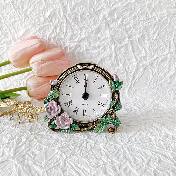 Silent Mini Vintage Analog Table Clock with Hand-Painted Metal Body and Battery Operated Non-Ticking Core for Shelf, Bedroom, Bedside, Desk, Gift Clock