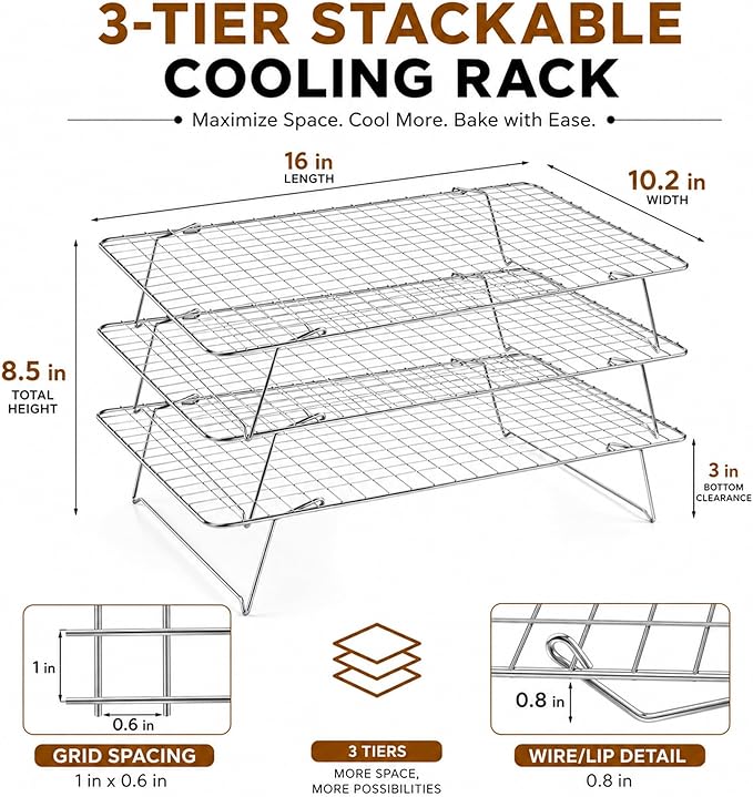 Cooling Rack, 3 Tier Stackable Cooling Racks for Cooking Baking Roasting, Multi-Level Collapsible Cookie Rack for Cakes, Oven Safe & Easy Clean (Silver, 3-Tier)