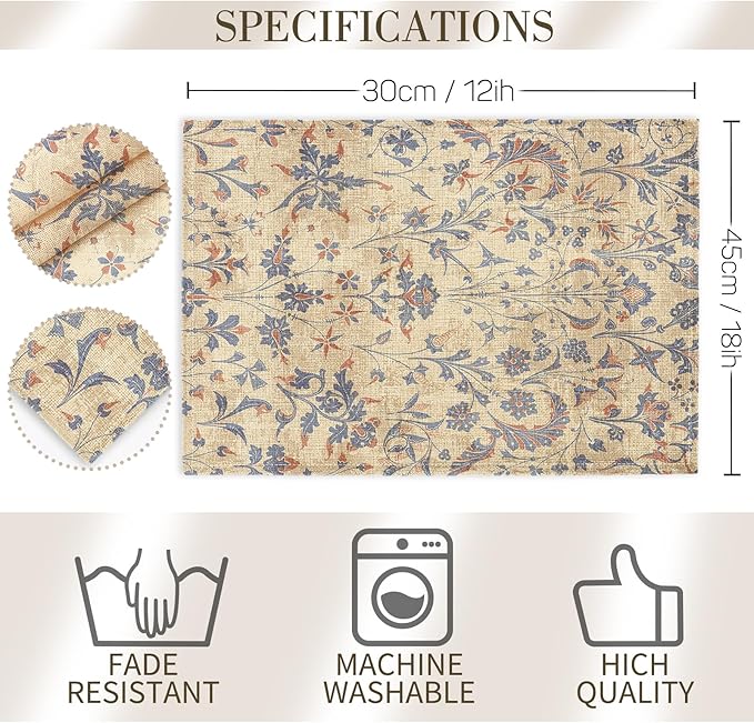 Boho Floral Cream Placemats Set of 4,Vintage Elegant Farmhouse Table Center Linen Decor,12x18 Inch Country Rustic Farmhouse Magical Fall Table Mats for Party Kitchen Dining