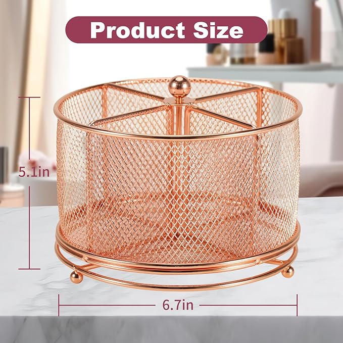 Pen Holder for Desk,360° Rotating Mesh Desk Organizer with Large Capacity 4 Compartments,Multi Functional Desk Accessories and Makeup Brush Holder for Office School Home (Rose Gold)