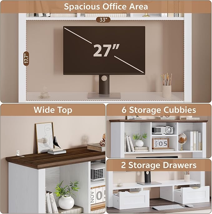 Desk Shelf with Computer Monitor Stand, 37.4''W Desktop Bookshelf Display Rack, Desktop Organizer Storage Rack with Cubbies & Drawers, 5-Tier Hutch for Home, Office, Dorm, Vanity, White&Brown