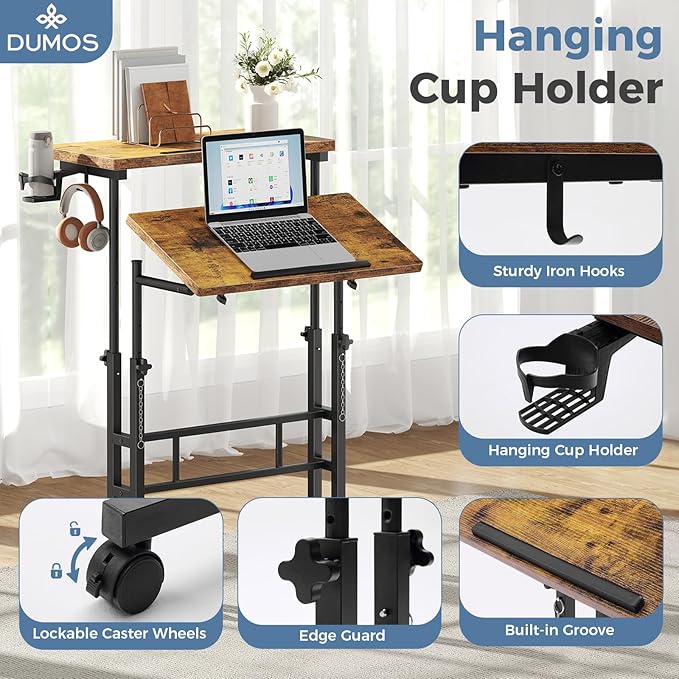 DUMOS Split Top Rolling Standing Desk, 23.6" Mobile Laptop Desk, Manual Height Adjustable Workstation on Wheels, Sit Stand Office Table, Walking Pad Study Desk, Rustic Brown