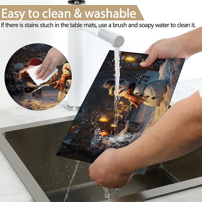 Linen Placemats Set of 6, Christmas Snowman Washable Table Mats 12x18 Inch, Heat Resistant Non Slip Placemats for Dining Table Kitchen Everyday Use