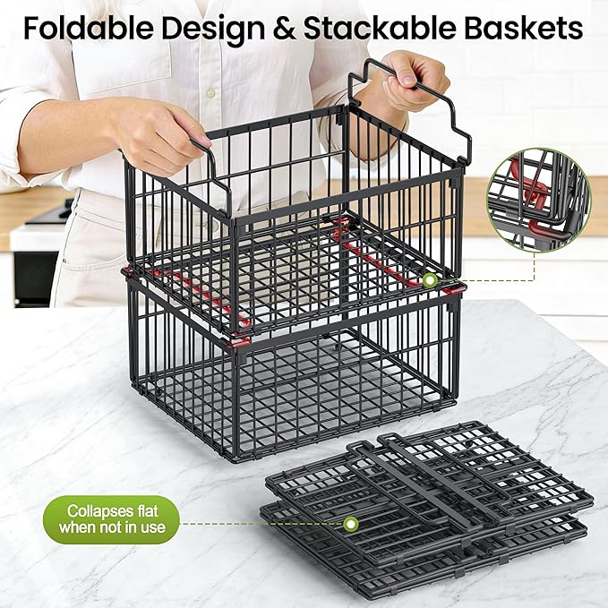 MSERCUOR Freezer Organizer Bins, 6 Pack Big Stackable Deep Chest Freezer Organizer Bins, Foldable Baskets with Handles, Black Storage Container Baskets for 5 to 9 Cu.FT Deep Freezer Sort Frozen Meats