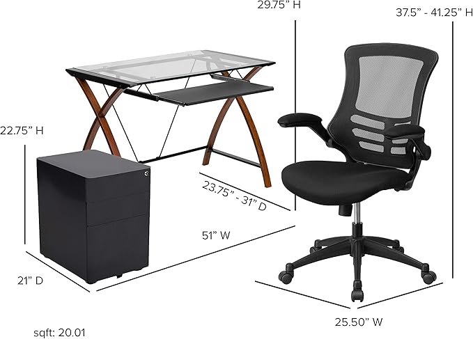 Flash Furniture Work From Home Kit - Glass Desk with Keyboard Tray, Ergonomic Mesh Office Chair and Filing Cabinet with Lock & Side Handles