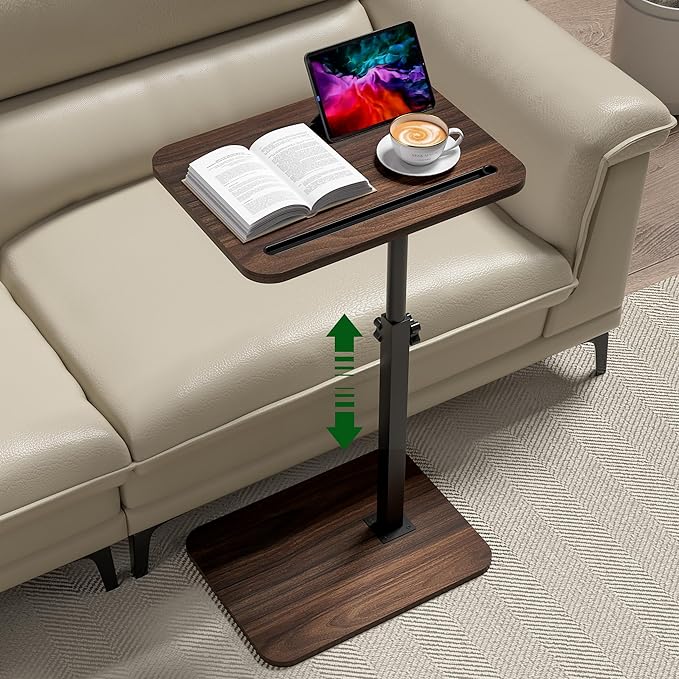 Side Table Sofa Tray for Couch - 360° Swivel Adjustable Height Rotating Sofa Table C Table End Table Laptop Desk with Phone & Tablet Slot, Perfect for Eating Working Reading, Fits Small Spaces