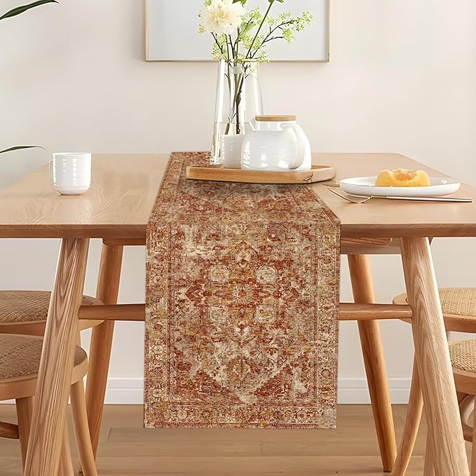 Boho Red Table Runner,Vintage Elegant Farmhouse Table Center Linen Decor,Country Rustic Farmhouse Magical Fall Kitchen Dining Table Decoration for Home Dining Party Decor 13x48 Inch