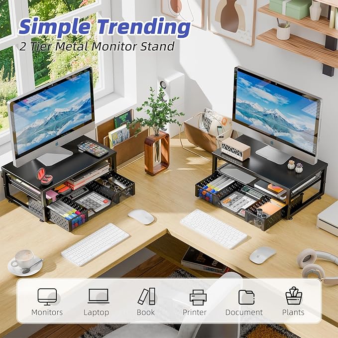 Simple Trending Desk Organizer and Accessories, Computer Monitor Stand Riser with Drawer, Metal Laptop Stand for Desk, Black