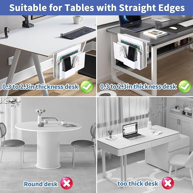 2 Tier Desk Side Storage Organizer, Under Desk Laptop Holder with Magnetic Pen Holder, No Drill Hanging Desk Caddy for Office and Home, Clamp On Desk Shelf for Tablet, Files,Accessories (White)