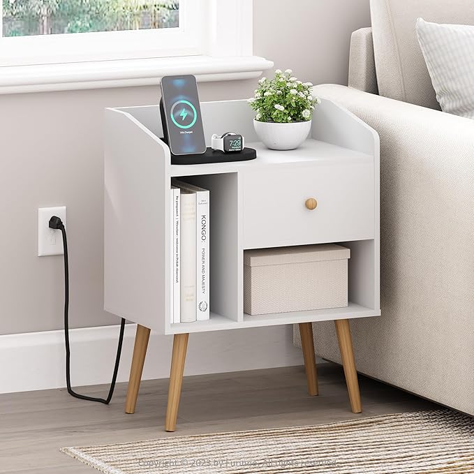 Furinno Claude Side Table, Mid Century End Table with Charging Station, Wooden Legs Night Stand, Bedside Table with USB and Type-C Port, for Living Room, Bedroom, White