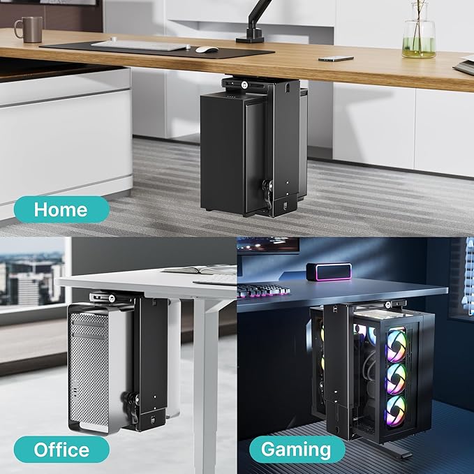 PEGZONE Adjustable Under Desk PC Mount, 3.5 to 8 Inch Wide Computer Tower Holder with Locking Handle,360 Degree Swivel Adjustable Height and Width, Black