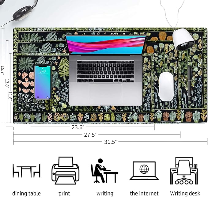 Desk Mat Large Mouse Pad, Non-Slip PU Leather Gaming Mousepad Keyboard Mouse Mats Desk Pads 31.5"x15.7" for Work Office Decor Gifts Black Plants