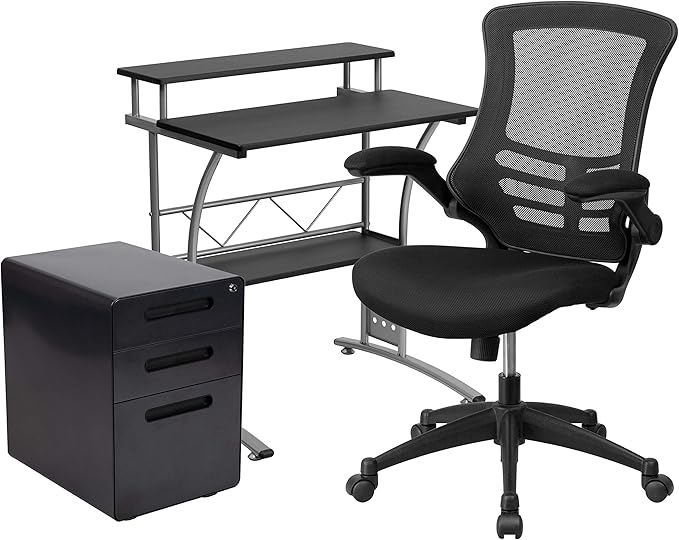 Flash Furniture Work From Home Kit - Black Computer Desk, Ergonomic Mesh Office Chair and Locking Mobile Filing Cabinet with Inset Handles