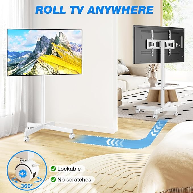 Rfiver Mobile TV Cart Rolling TV Stand for 23-65 Inch Screens, Portable TV Stand on Wheels with Tilt and Height Adjustable, Outdoor TV Mount Stand Holds up to 88 lbs for Home MAX VESA 400x400mm, White