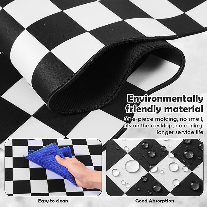 Copkim 1 Pcs Black Scalloped Checkered Desk Mat 31.5 x 11.8 Inch Large Cute Mouse Pad Computer Mat Non Slip Waterproof Rubber Base with Border Stitching Soft Keyboard Pad for Home Office Gaming Makeup
