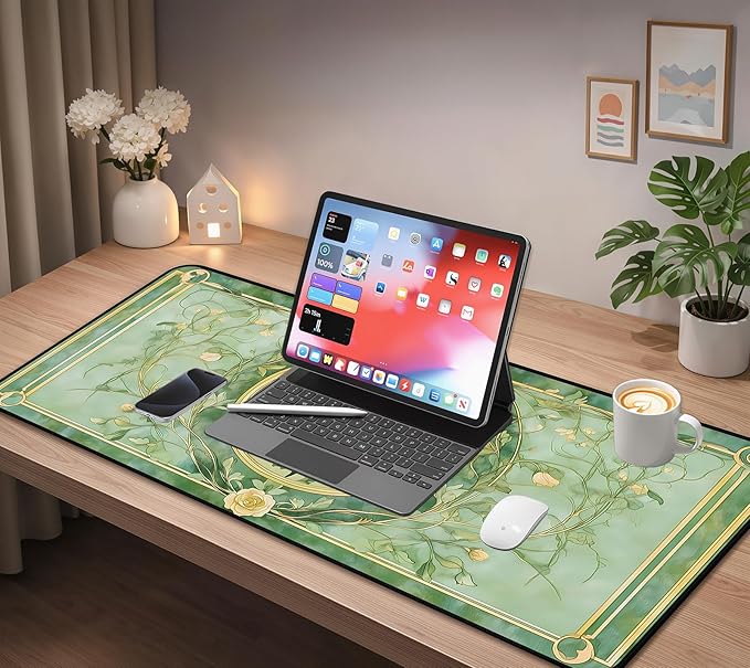 Rose Flower Desk Mat Green Desk Matt, Retro Flower Plant Mousepad, Large Extended Gaming Mouse Mat XXL, Big Laptop Keyboard Pad Mat, Women's Office Desk Decor, with Stitched Edges 31.5"X15.7"