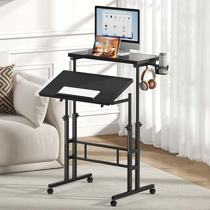 DUMOS Split Top Rolling Standing Desk, 23.6" Mobile Laptop Desk, Manual Height Adjustable Workstation on Wheels, Sit Stand Office Table, Walking Pad Study Desk, Black