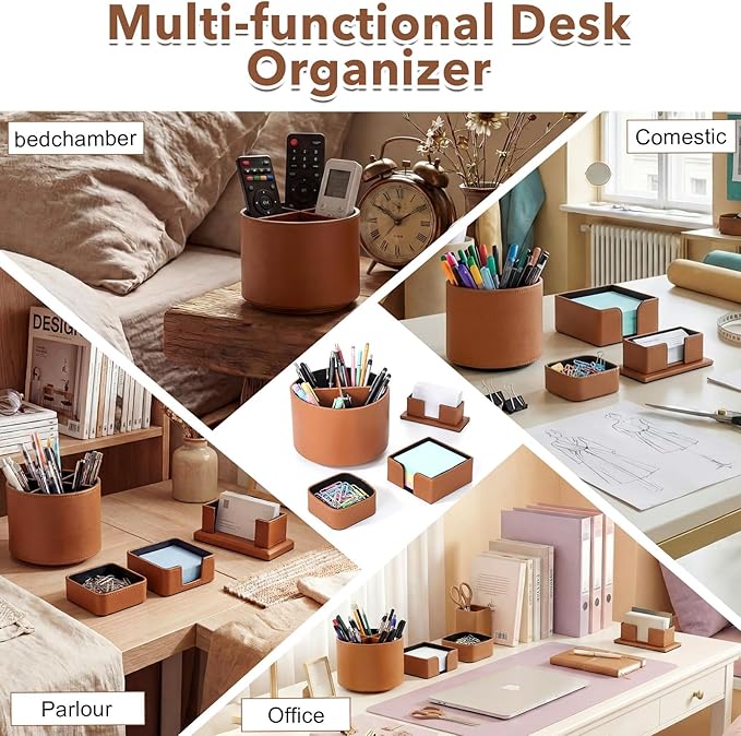 4 Pcs Rotating Leather Pen Holder Organizer Office Desk Accessories Set with Business Card Sticky Note Holder Paperclip Storage Desktop Storage Supply for Teacher Back to School Gift(Brown)