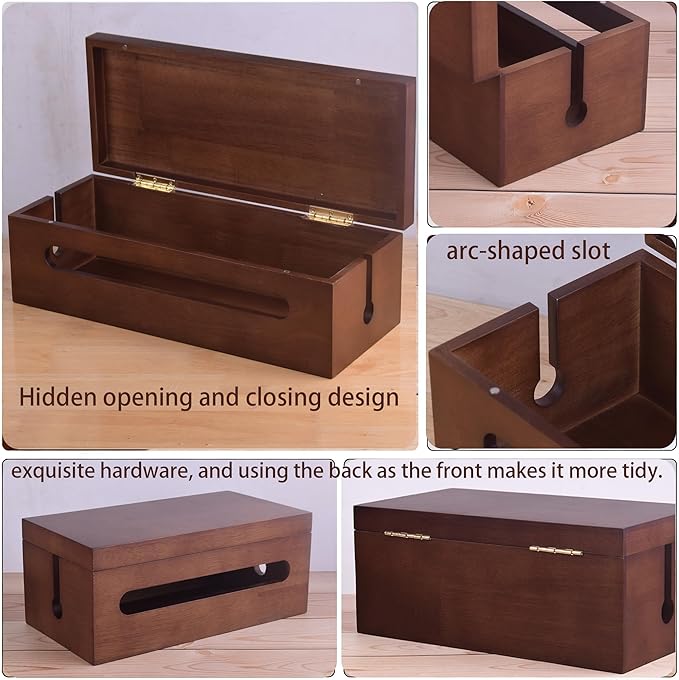 Solid Wood Cable Management Box, Cord Organizer & Power Strip Hider, Decorative Wire Storage Box for Home Office, TV, Desk, Router – Handcrafted Cord Concealer for Tidy Space