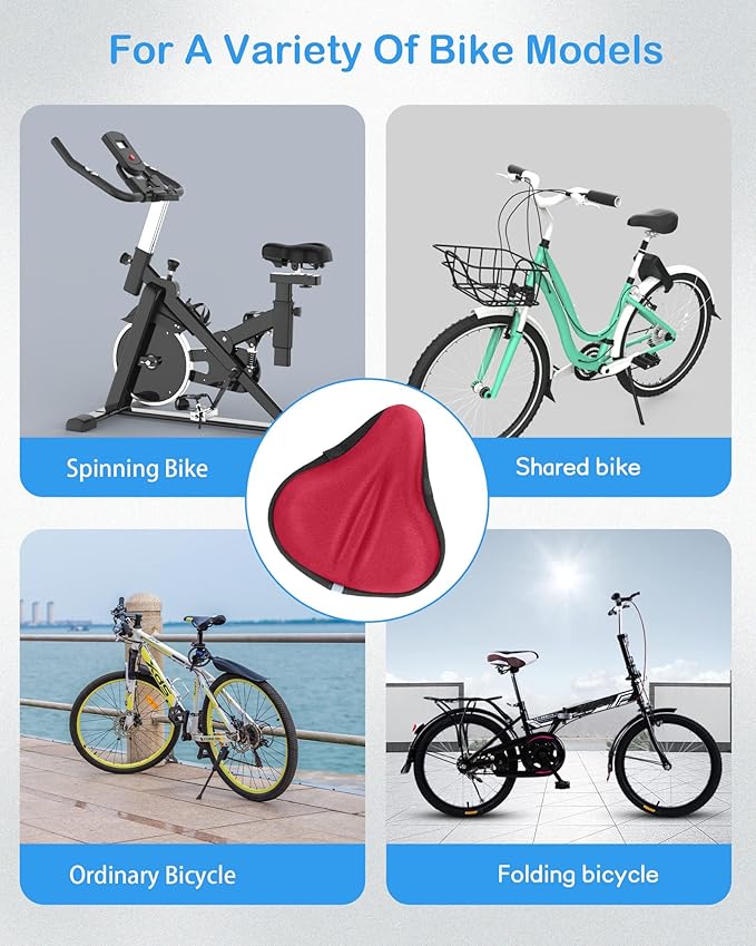 CUNCUI Bike Seat Cushion, Gel Bike Seat Cover, Bicycle Seat Cushion Covers for Women Men Comfort Compatible, Suitable for Outdoor and Indoor (11x10 inch)-Red