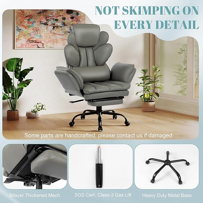 Flip Armrests Criss Cross Office Chair, Reclining Office Chair with Foot Rest, Adjustable Headrest, Massage Waist Pillow, Cross Legged Big and Tall Desk Chair Wide Seat Vanity Chair, PU Leather Grey
